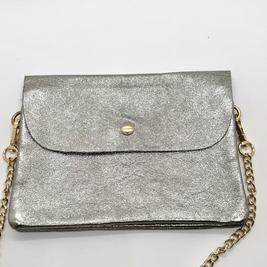 Sac Pochette en cuir véritable irisé argenté foncé