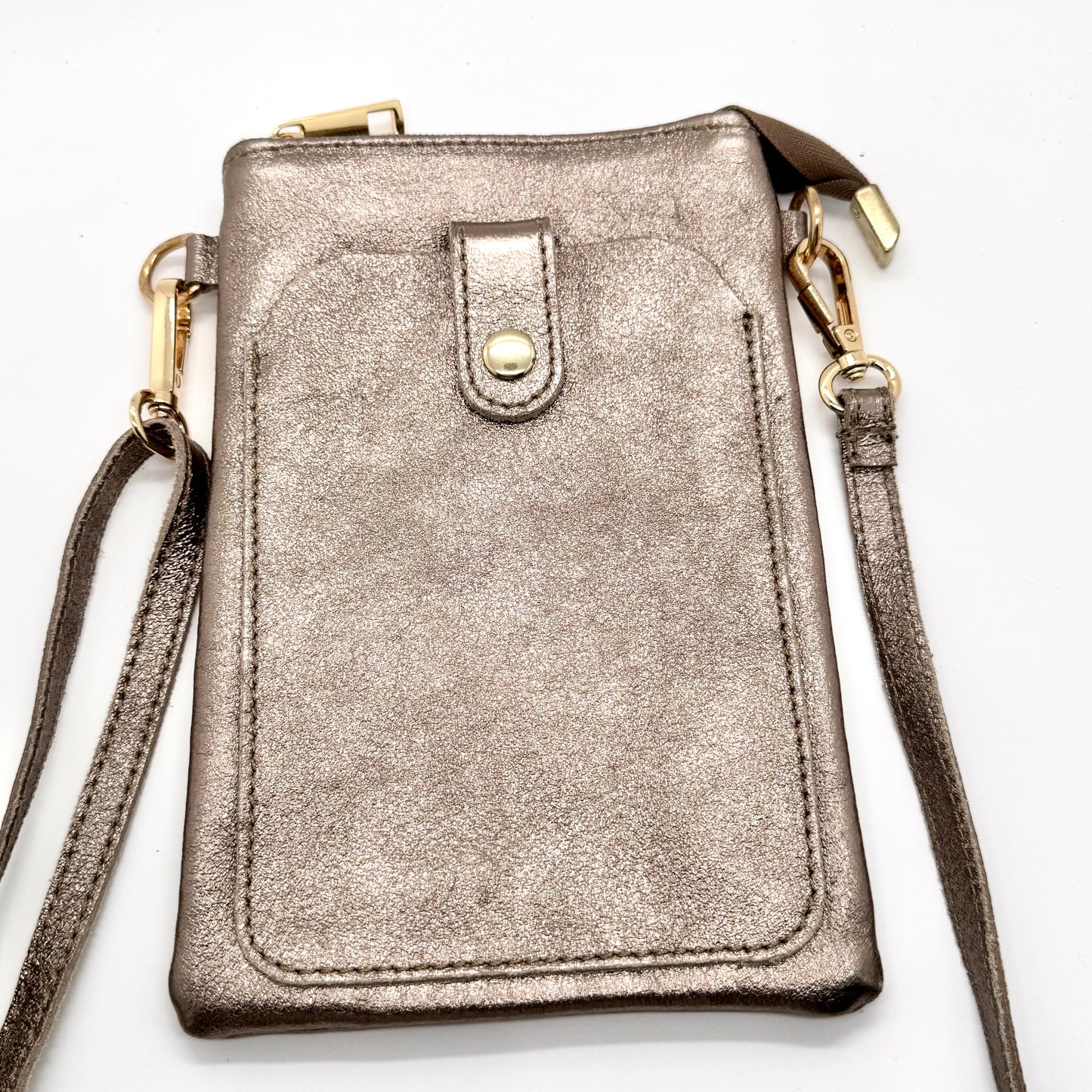 Pochette bandoulière téléphone en cuir véritable irisé bronze