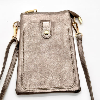 Pochette bandoulière téléphone en cuir véritable irisé bronze