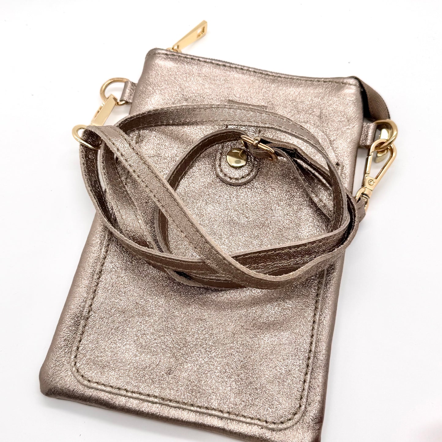 Pochette bandoulière téléphone en cuir véritable irisé bronze