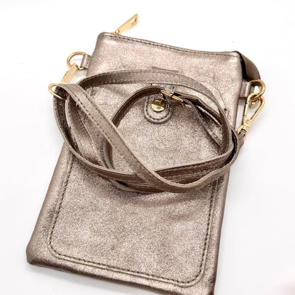 Pochette bandoulière téléphone en cuir véritable irisé bronze