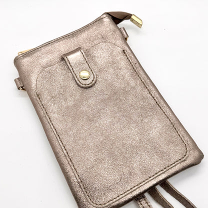 Pochette bandoulière téléphone en cuir véritable irisé bronze
