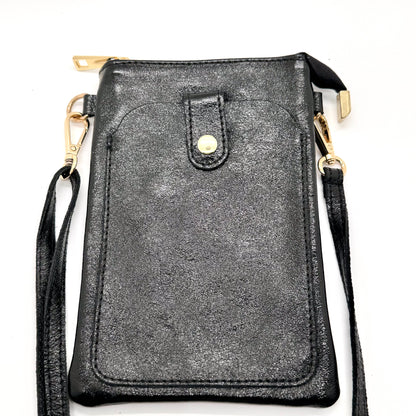 Pochette bandoulière téléphone en cuir véritable irisé noir