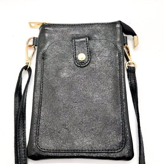 Pochette bandoulière téléphone en cuir véritable irisé noir