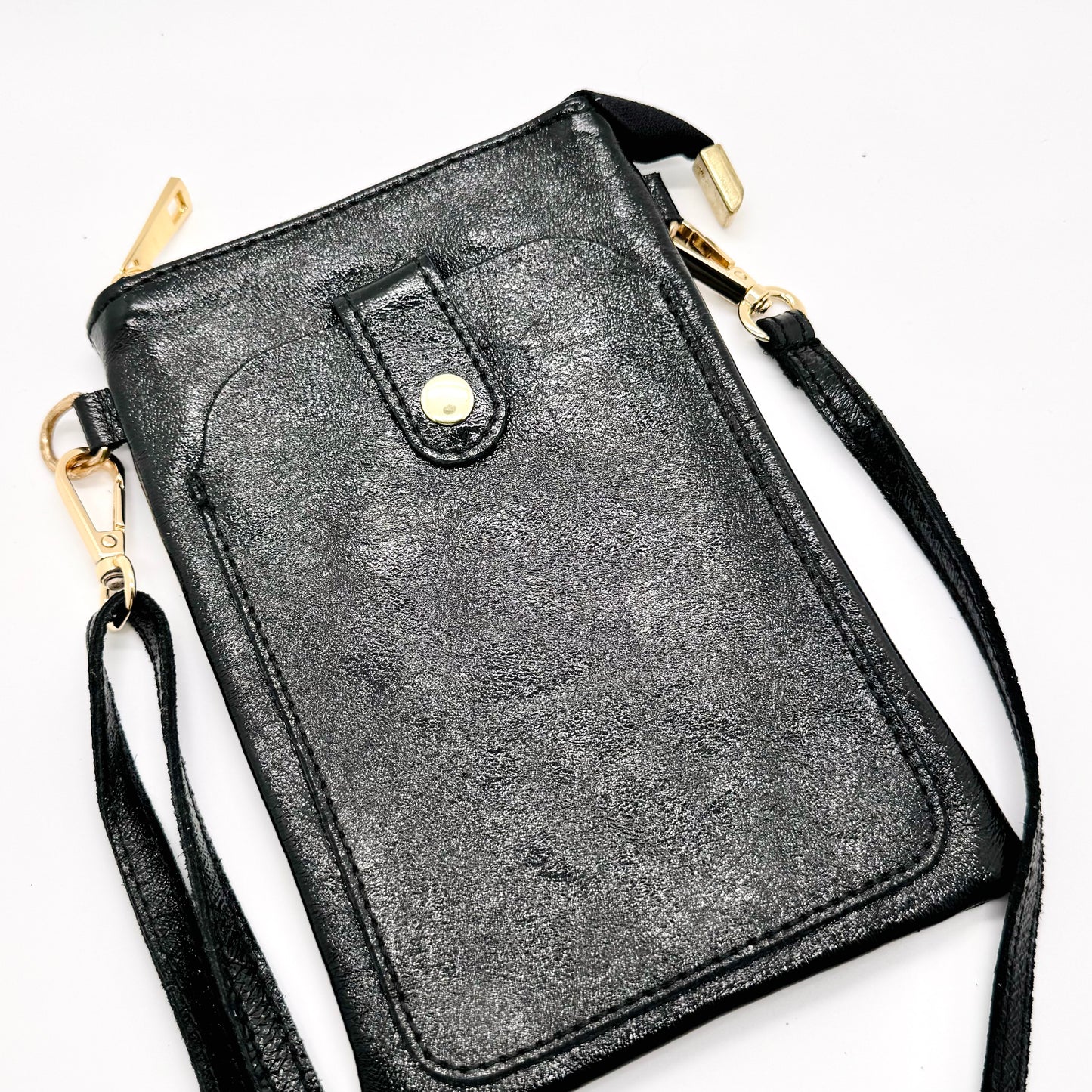 Pochette bandoulière téléphone en cuir véritable irisé noir