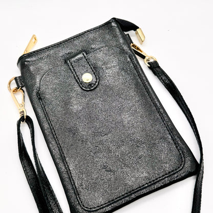 Pochette bandoulière téléphone en cuir véritable irisé noir