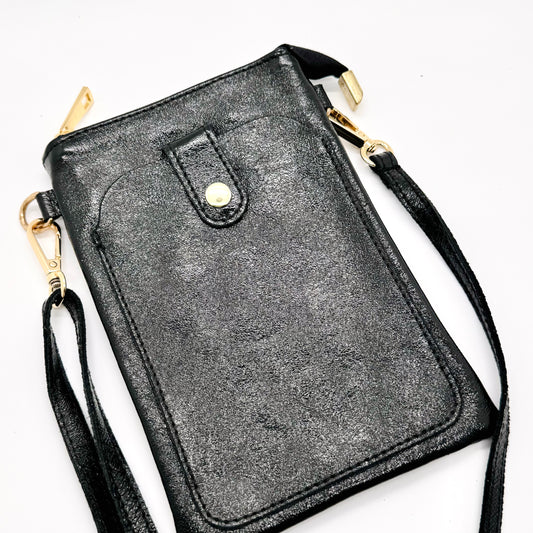 Pochette bandoulière téléphone en cuir véritable irisé noir