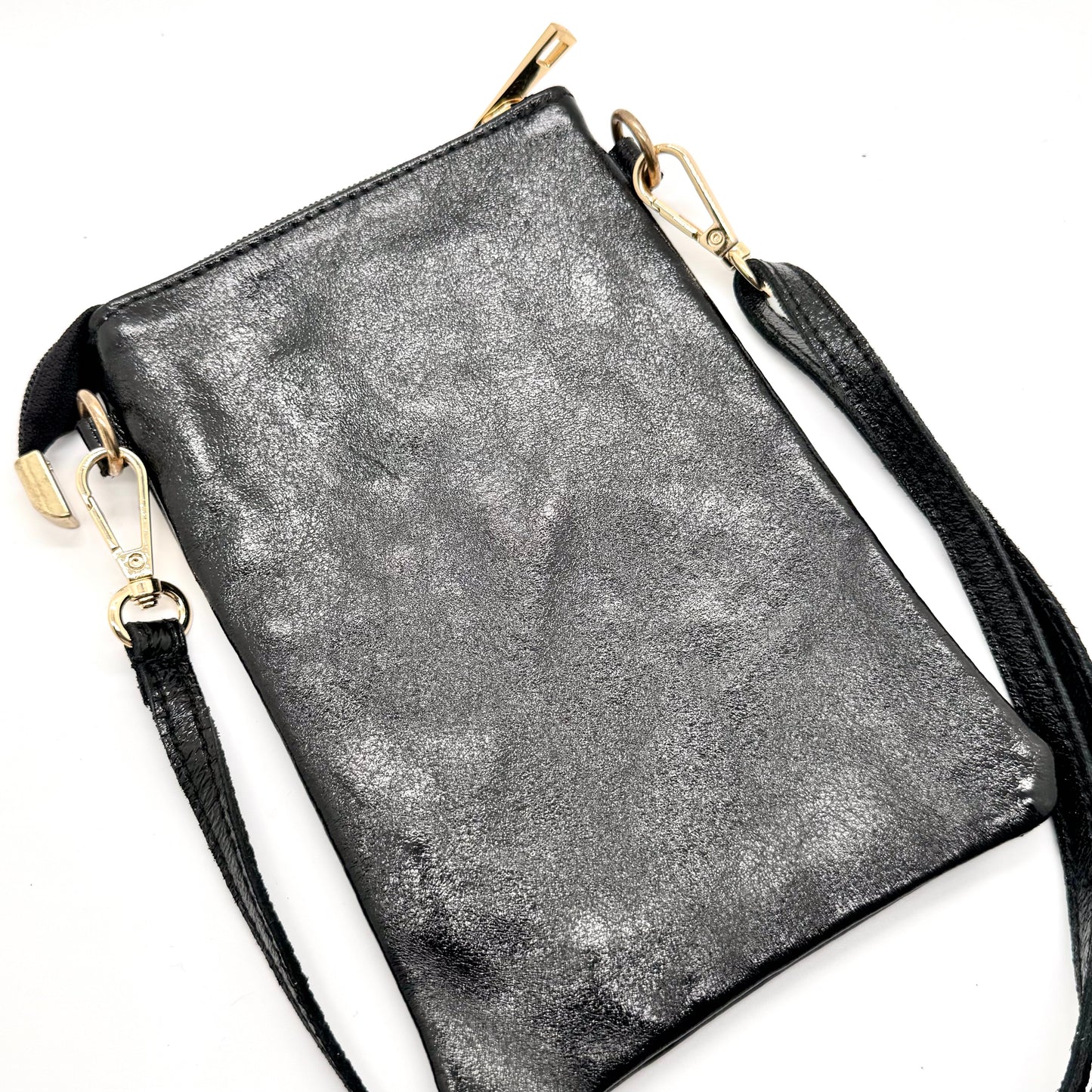 Pochette bandoulière téléphone en cuir véritable irisé noir