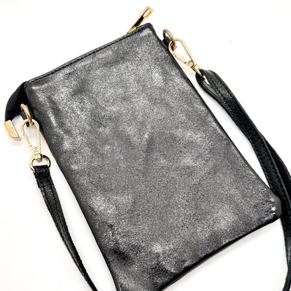 Pochette bandoulière téléphone en cuir véritable irisé noir