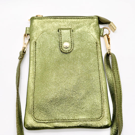 Pochette bandoulière téléphone en cuir véritable irisé vert