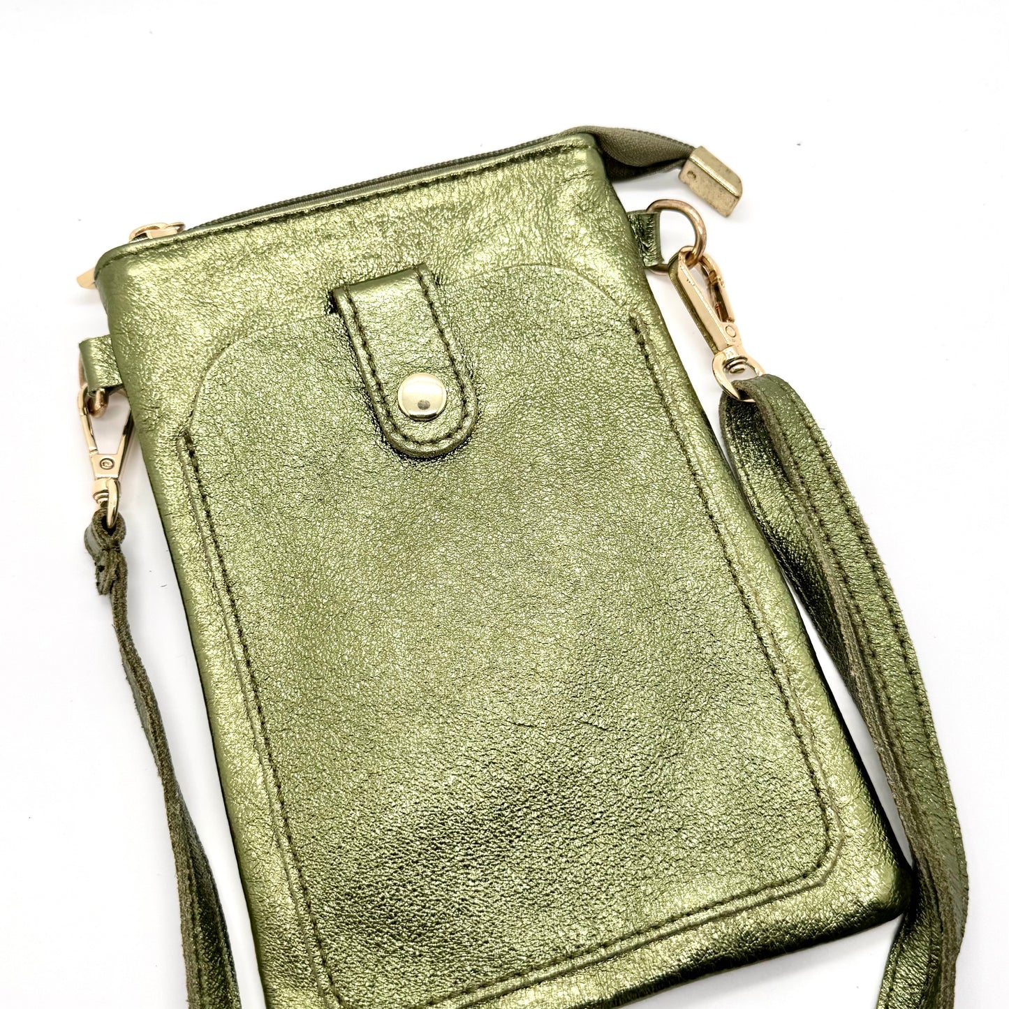 Pochette bandoulière téléphone en cuir véritable irisé vert