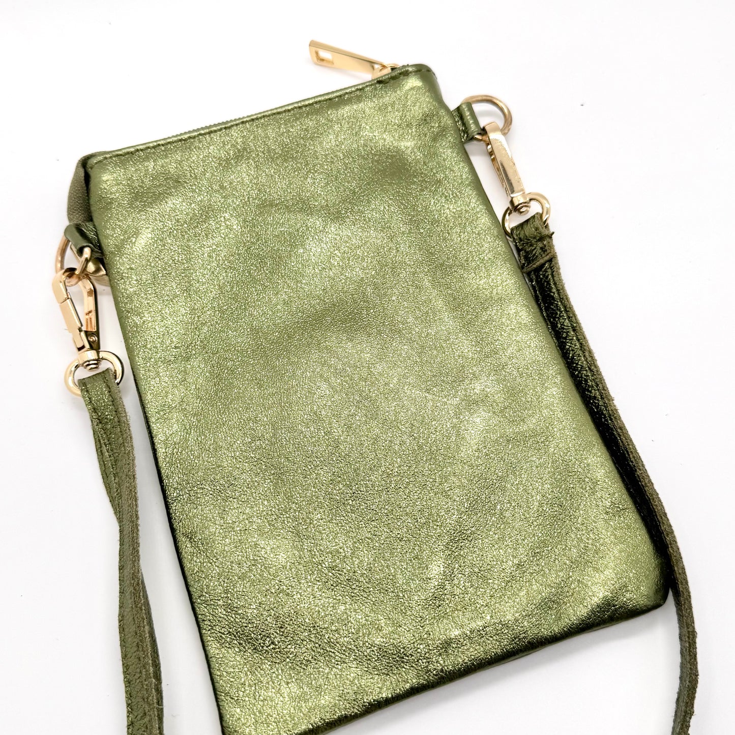 Pochette bandoulière téléphone en cuir véritable irisé vert