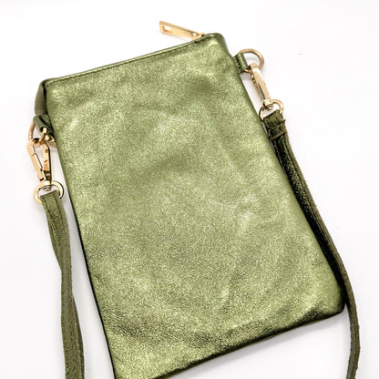 Pochette bandoulière téléphone en cuir véritable irisé vert
