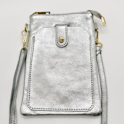 Pochette bandoulière téléphone en cuir véritable irisé argenté