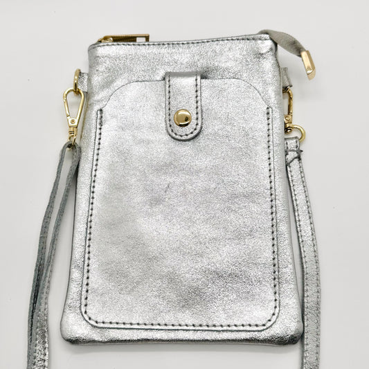 Pochette bandoulière téléphone en cuir véritable irisé argenté