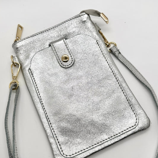 Pochette bandoulière téléphone en cuir véritable irisé argenté