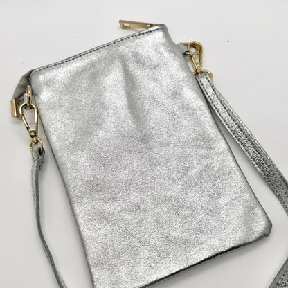 Pochette bandoulière téléphone en cuir véritable irisé argenté