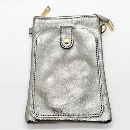Pochette bandoulière téléphone en cuir véritable irisé argenté foncé