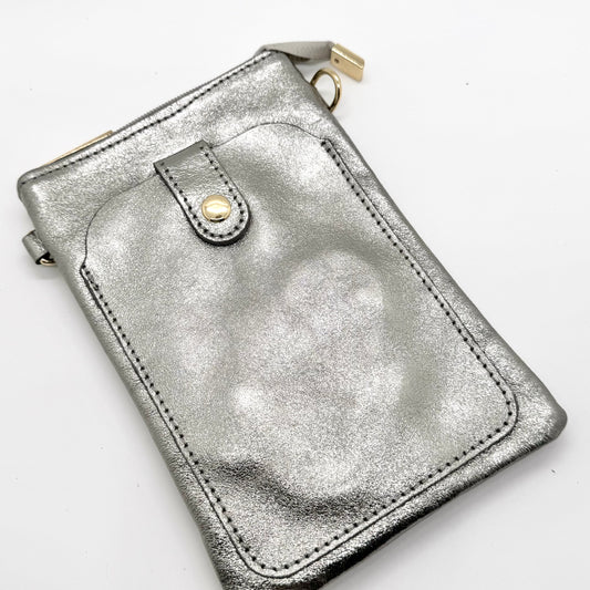 Pochette bandoulière téléphone en cuir véritable irisé argenté foncé