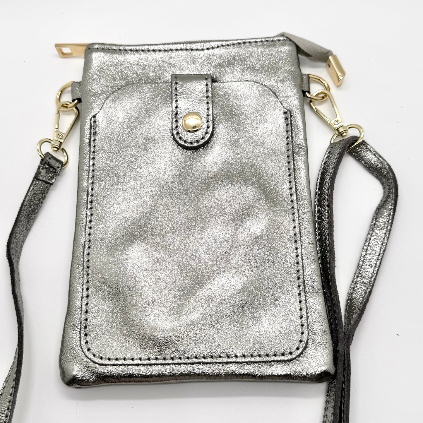 Pochette bandoulière téléphone en cuir véritable irisé argenté foncé