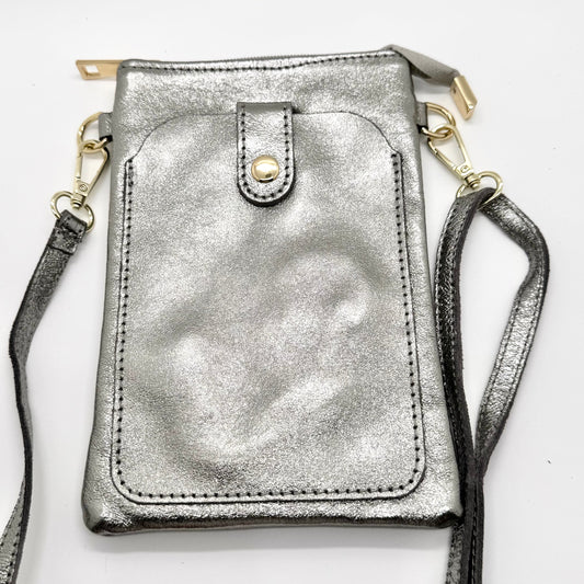 Pochette bandoulière téléphone en cuir véritable irisé argenté foncé