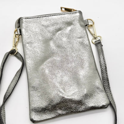 Pochette bandoulière téléphone en cuir véritable irisé argenté foncé