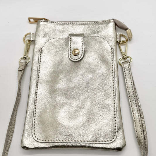 Pochette bandoulière téléphone en cuir véritable irisé doré clair