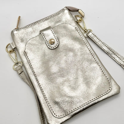 Pochette bandoulière téléphone en cuir véritable irisé doré clair