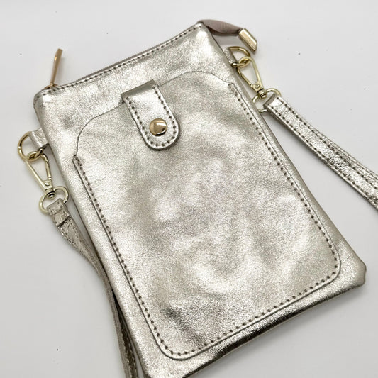 Pochette bandoulière téléphone en cuir véritable irisé doré clair