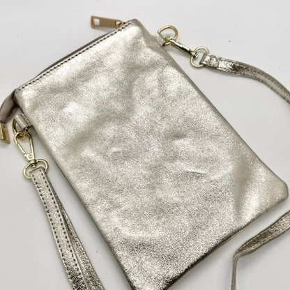 Pochette bandoulière téléphone en cuir véritable irisé doré clair