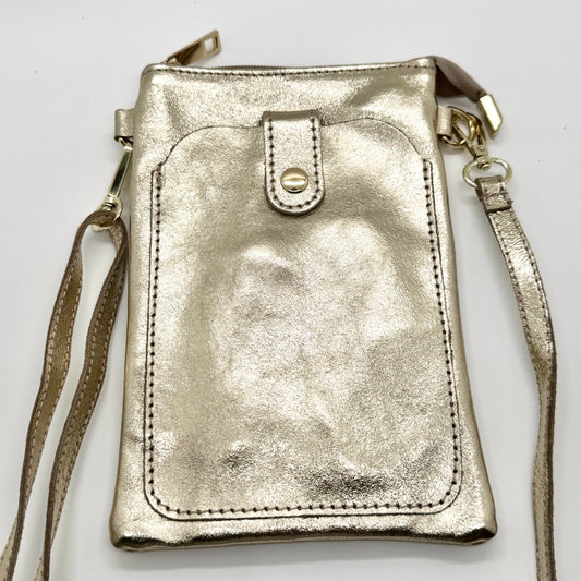 Pochette bandoulière téléphone en cuir véritable irisé doré