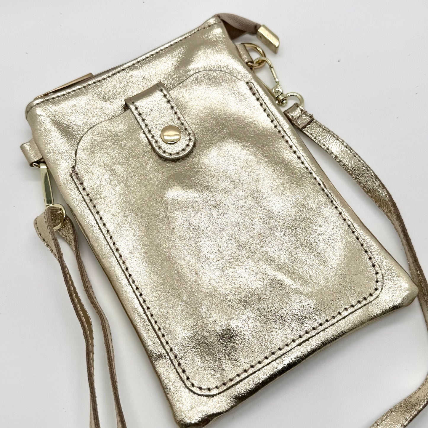 Pochette bandoulière téléphone en cuir véritable irisé doré