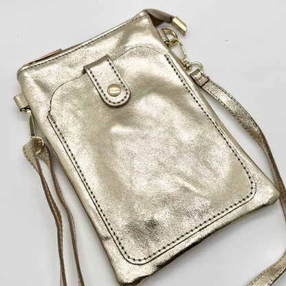 Pochette bandoulière téléphone en cuir véritable irisé doré