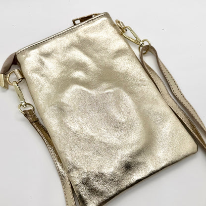 Pochette bandoulière téléphone en cuir véritable irisé doré
