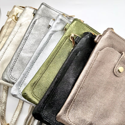 Pochette bandoulière téléphone en cuir véritable irisé doré