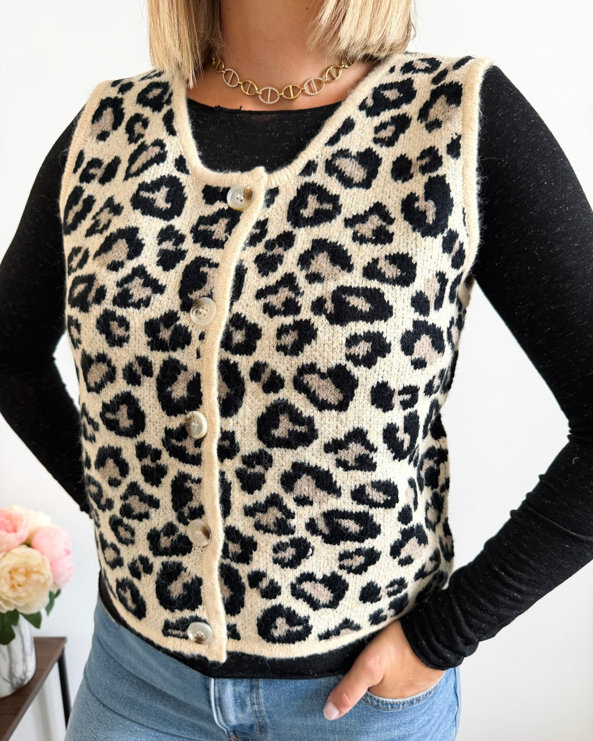 Gilet maille motif léopard sans manches beige