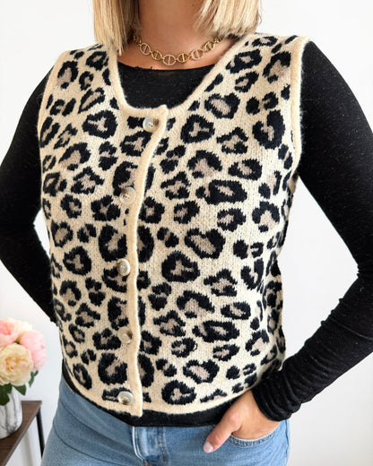 Gilet maille motif léopard sans manches beige