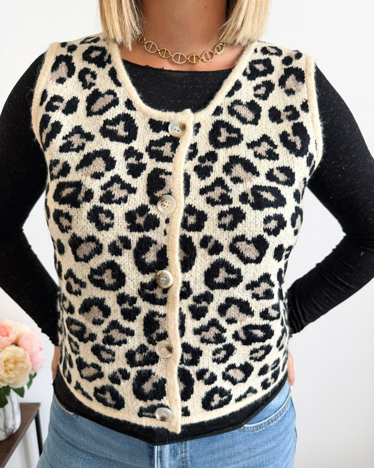 Gilet maille motif léopard sans manches beige