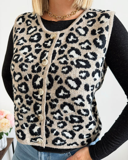 Gilet maille motif léopard sans manches taupe