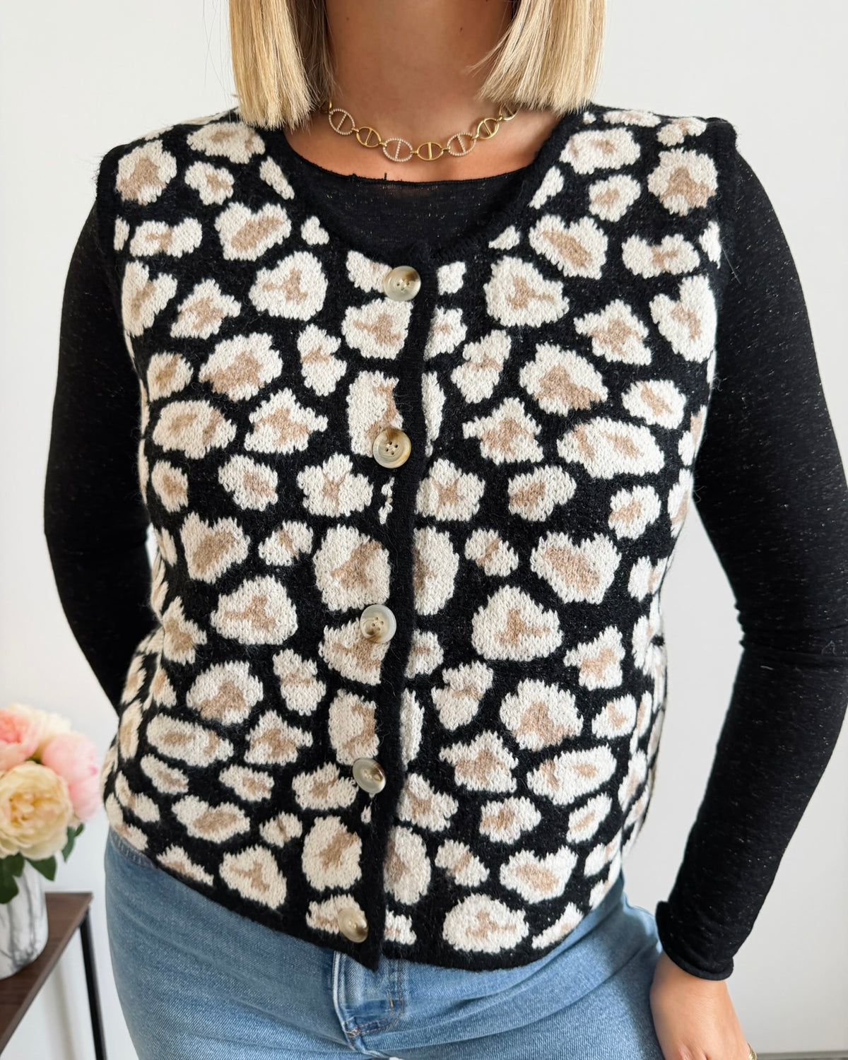 Gilet maille motif léopard sans manches noir