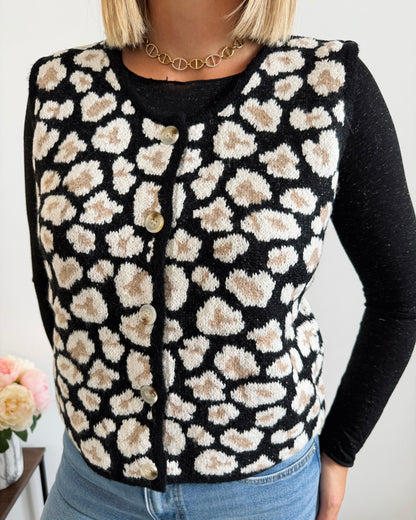 Gilet maille motif léopard sans manches noir