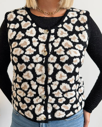 Gilet maille motif léopard sans manches noir