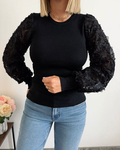 Pull manches motif floral noir