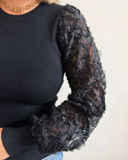 Pull manches motif floral noir