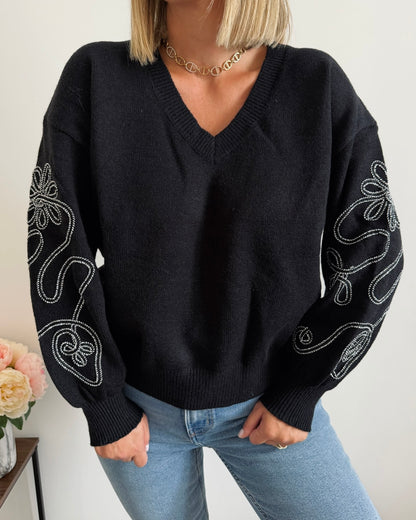 Pull manches brodé noir