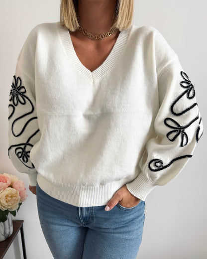 Pull manches brodé blanc