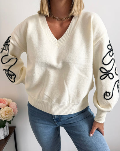 Pull manches brodé crème