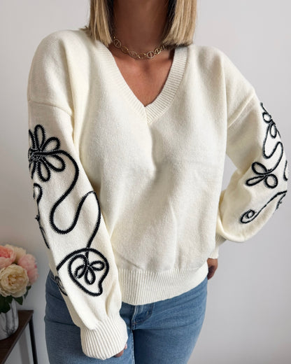 Pull manches brodé crème