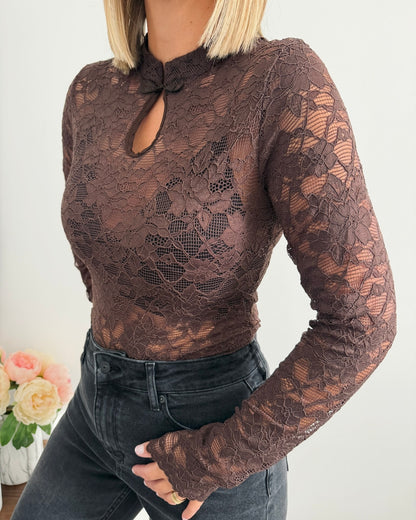 Body dentelle col mao marron