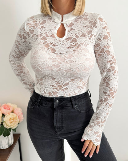 Body dentelle col mao blanc